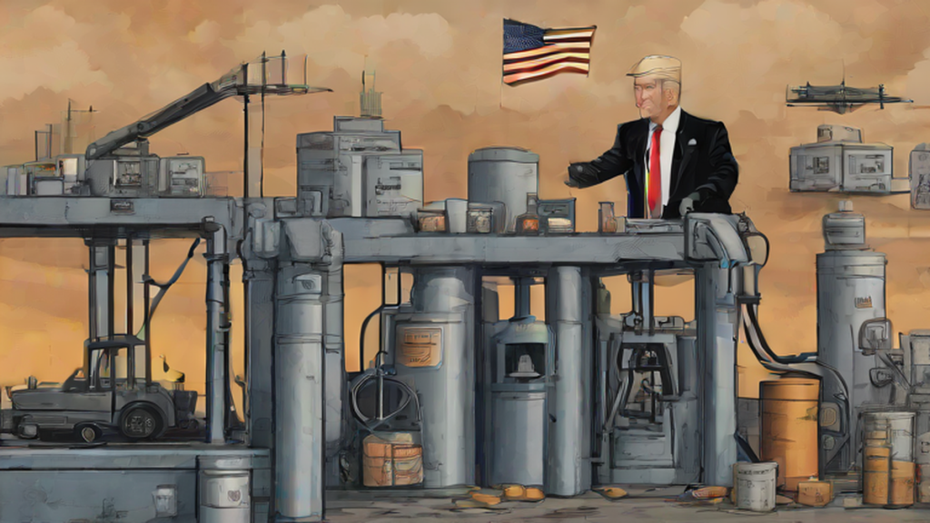 Ilustración editorial sobre política: Trump anuncia mayor acuerdo petrolero con Venezuela para duplicar reservas estadounidenses