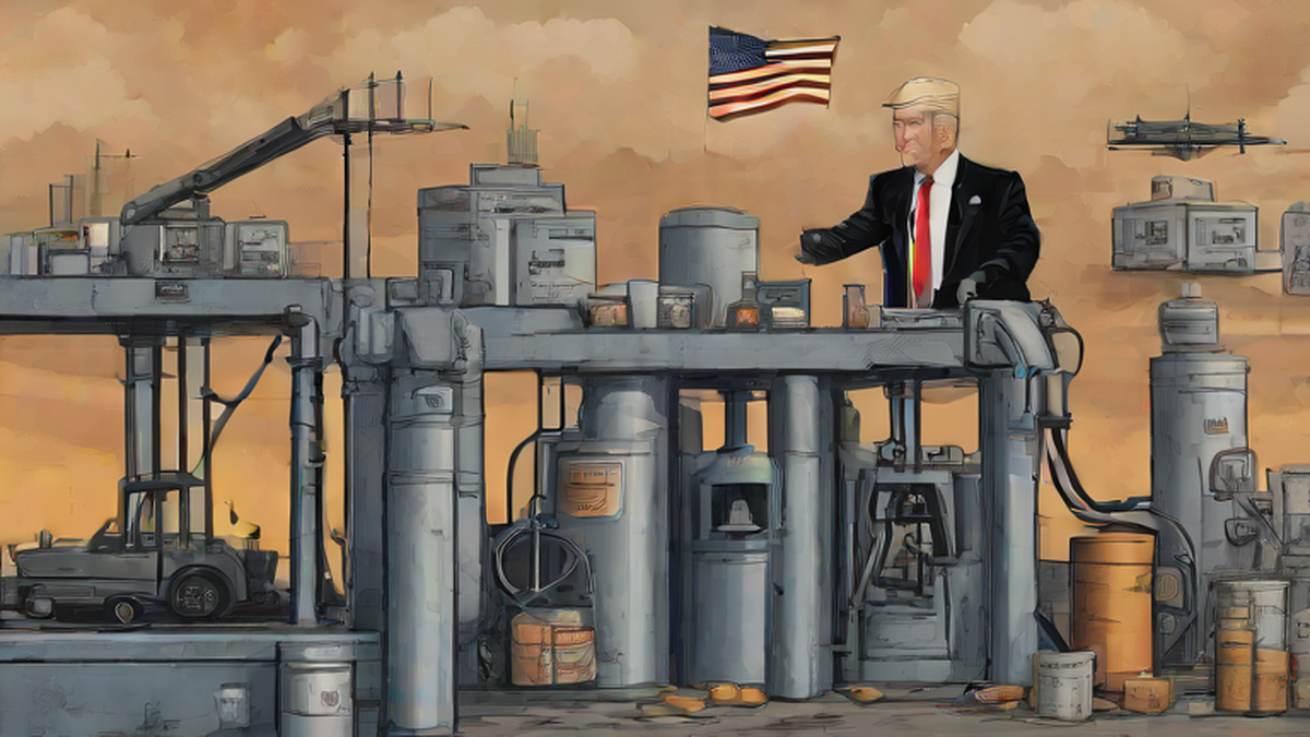 Ilustración editorial sobre política: Trump anuncia mayor acuerdo petrolero con Venezuela para duplicar reservas estadounidenses