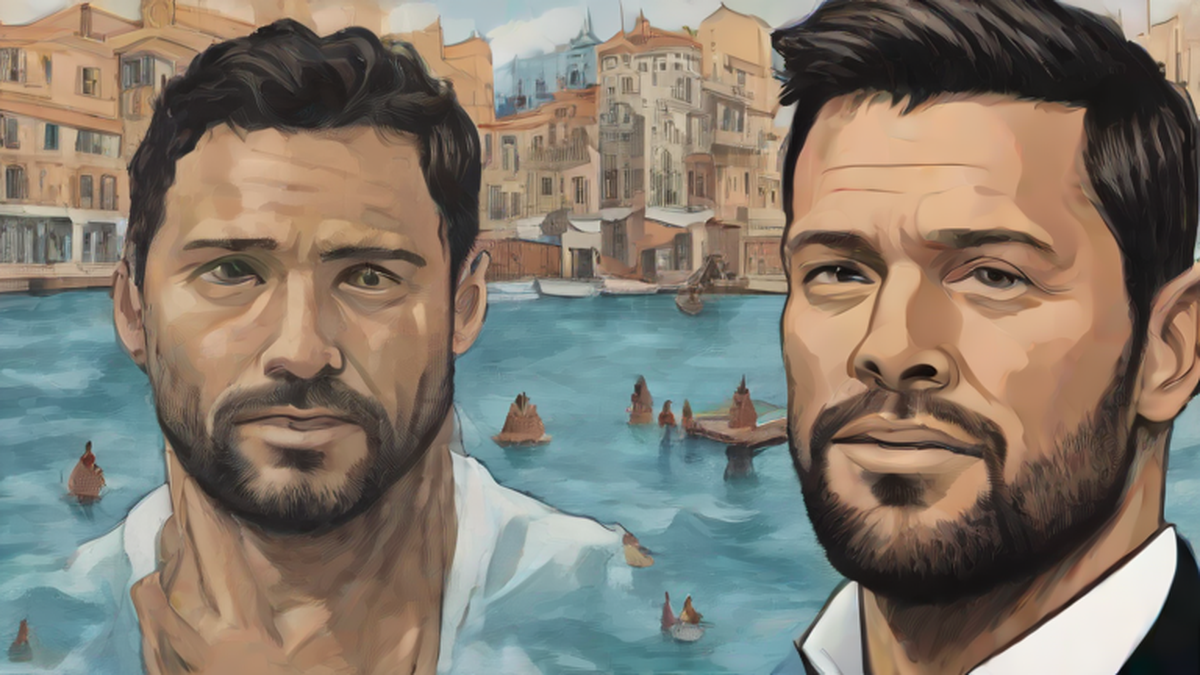 Ilustración editorial sobre sociedad: Gael García y Ricky Martin protagonizan Hombre al Agua en Venecia