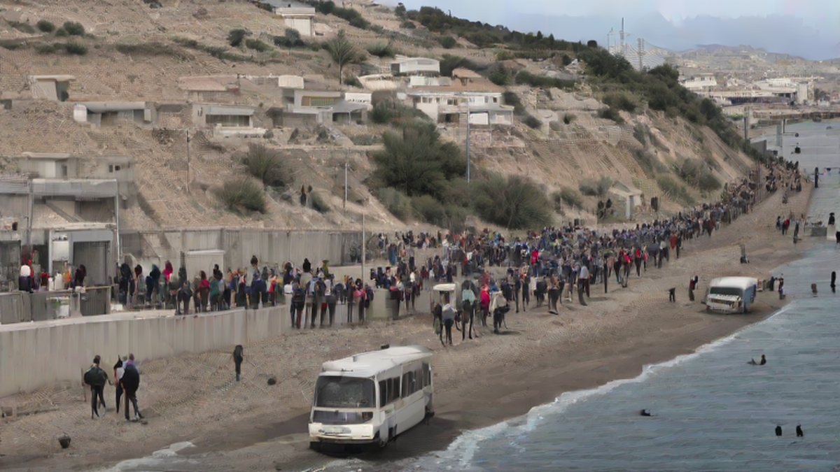Ilustración editorial sobre sociedad: Última hora: Crisis migratoria en Ceuta, miles de inmigrantes cruzan frontera