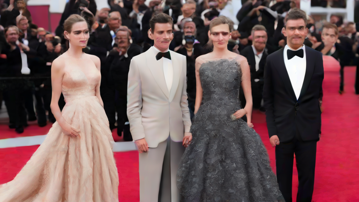 Ilustración editorial sobre sociedad: Orlando Bloom y las hermanas Mara brillan en la alfombra roja de Venecia