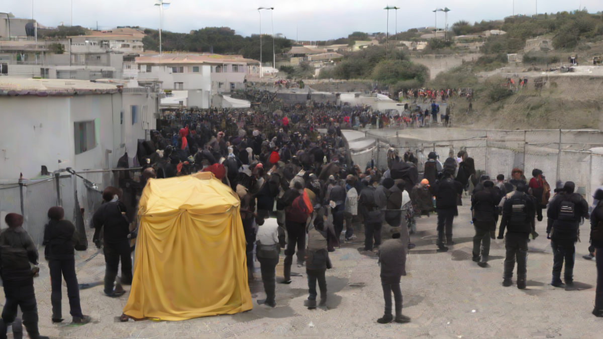 Ilustración editorial sobre seguridad: Policía traslada a cientos de migrantes a nueva instalación en Ceuta
