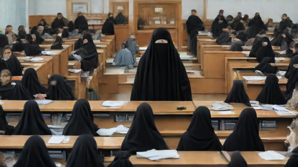 Ilustración editorial sobre política: Meloni propone prohibir el burka en las escuelas y limitar extranjeros por clase