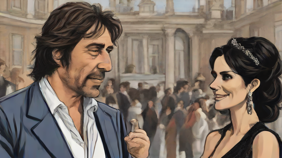 Ilustración editorial sobre sociedad: Javier Bardem revela su primera cita con Penélope Cruz en Londres
