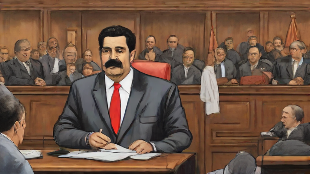 Ilustración editorial sobre sociedad: Maduro pide desestimar su caso en EEUU argumentando inmunidad soberana