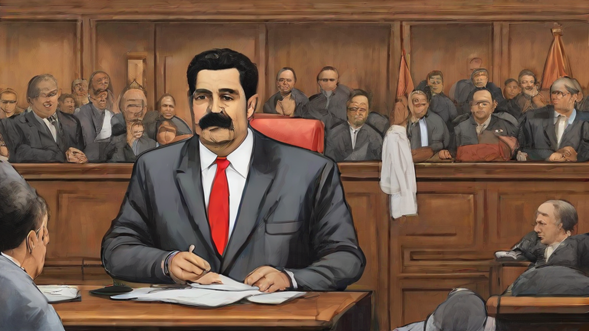Ilustración editorial sobre sociedad: Maduro pide desestimar su caso en EEUU argumentando inmunidad soberana
