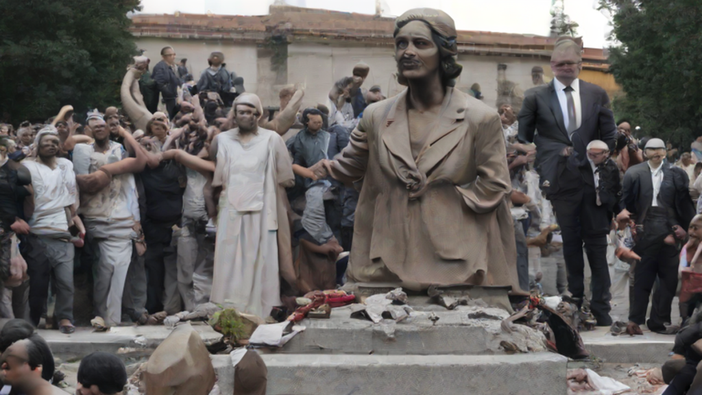 Ilustración editorial sobre sociedad: Sheinbaum condena decapitación de estatua de Calderón en Los Pinos