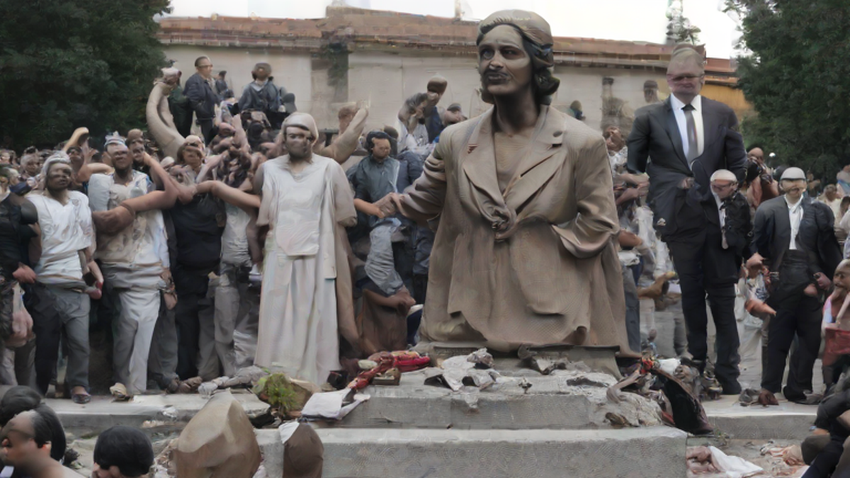 Ilustración editorial sobre sociedad: Sheinbaum condena decapitación de estatua de Calderón en Los Pinos
