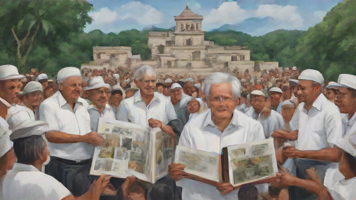 Ilustración editorial sobre sociedad: AMLO reaparece con libro Pueblo y defiende legado de la 4T